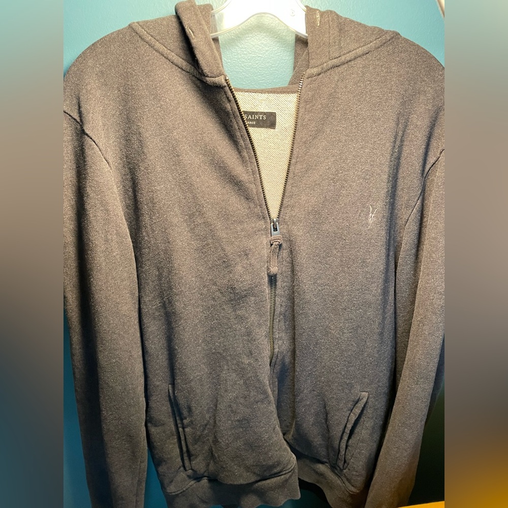 🔥 All Saints Hoodie US XL Grey Metal Zipper 🔥